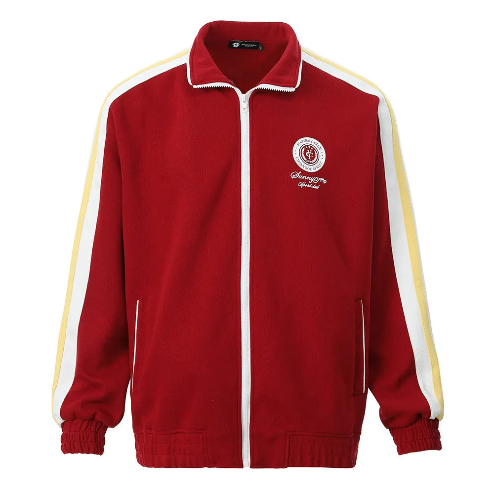 Men's contrast colour cardigan sweater with stand collar and long sleeves, shown in grey, wine red, green, and blue