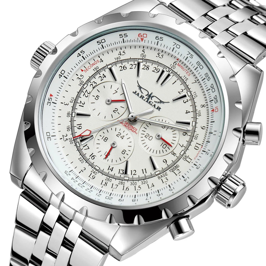 Men's automatic mechanical watch with double calendar, 48mm round steel case, alloy strap, pointer display