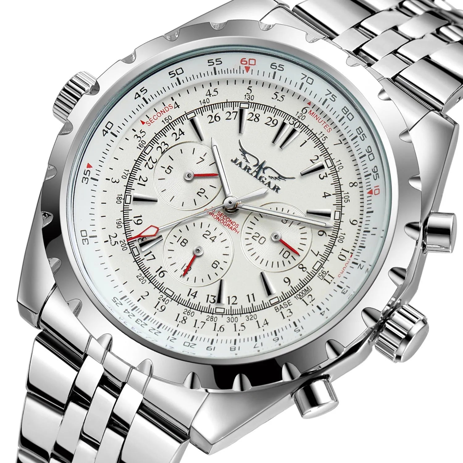 Men's automatic mechanical watch with double calendar, 48mm round steel case, alloy strap, pointer display