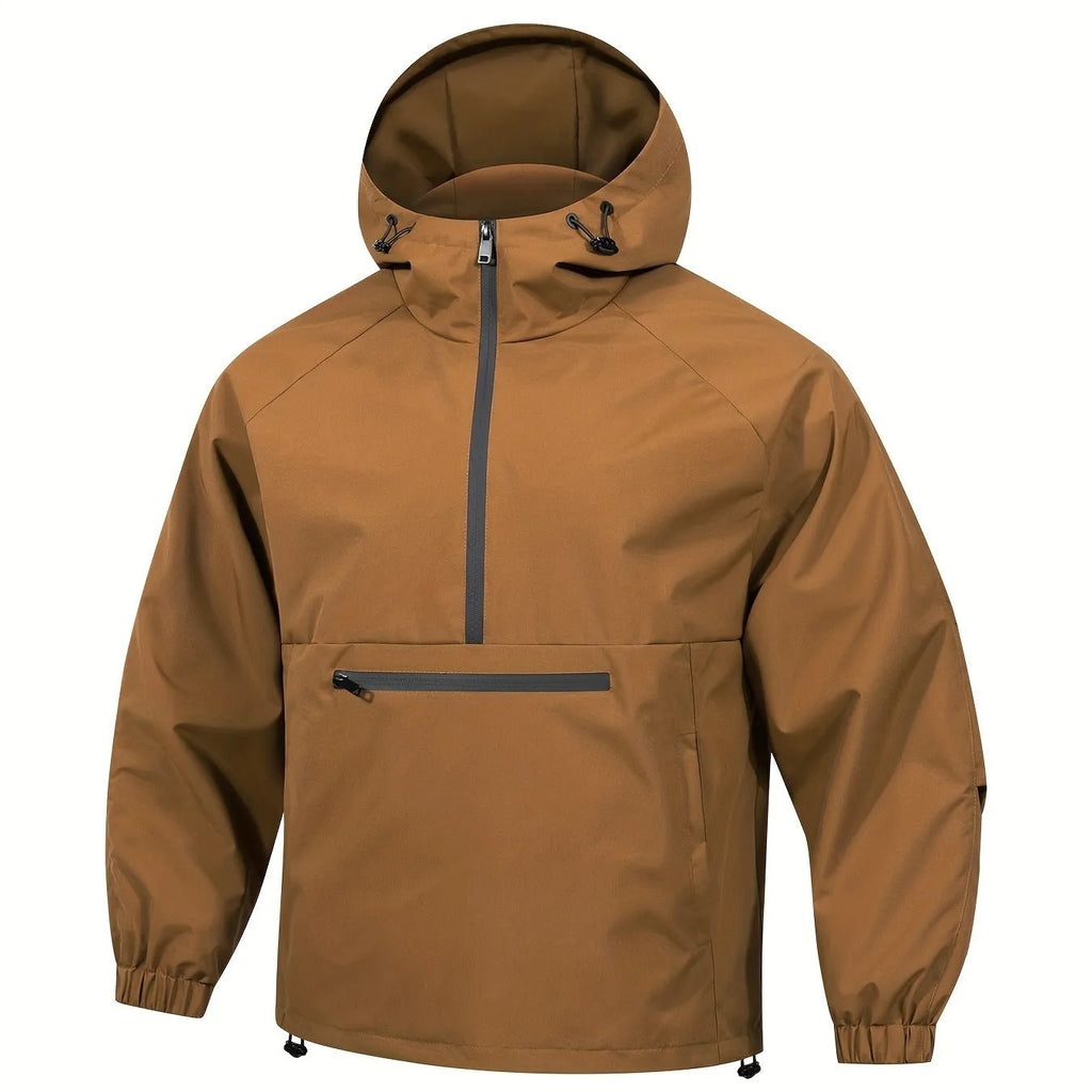 Men's loose grey hooded sweater jacket with half-zip front in rabbit fur corduroy fabric
