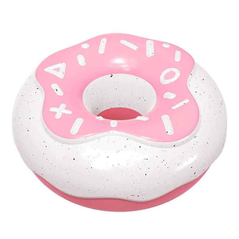 Pink, yellow, and chocolate TPR donut dog toy with squeaker for molar cleaning.