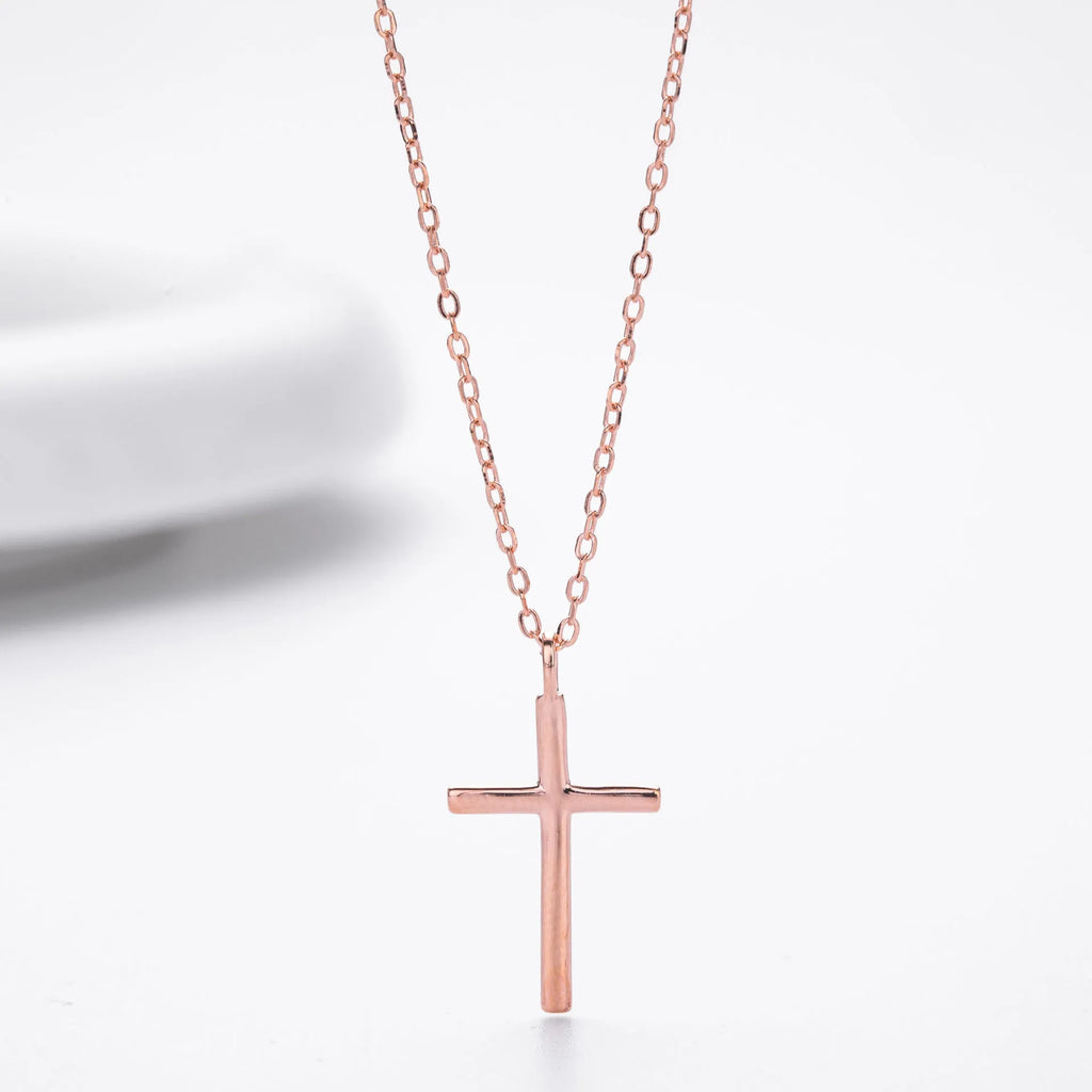 S925 sterling silver necklace with glossy cross pendant on O-shaped chain in gold, platinum or rose gold finish