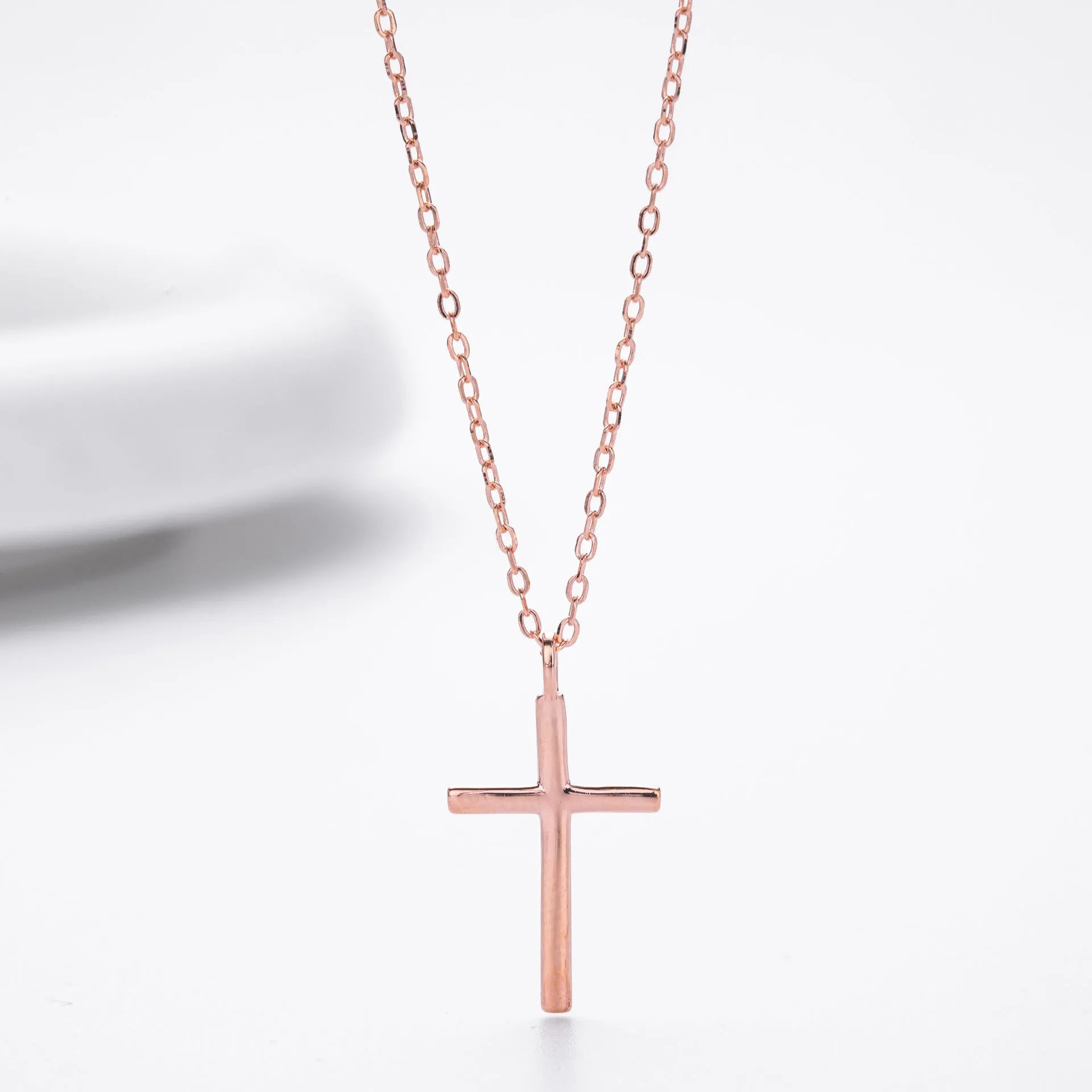 S925 sterling silver necklace with glossy cross pendant on O-shaped chain in gold, platinum or rose gold finish