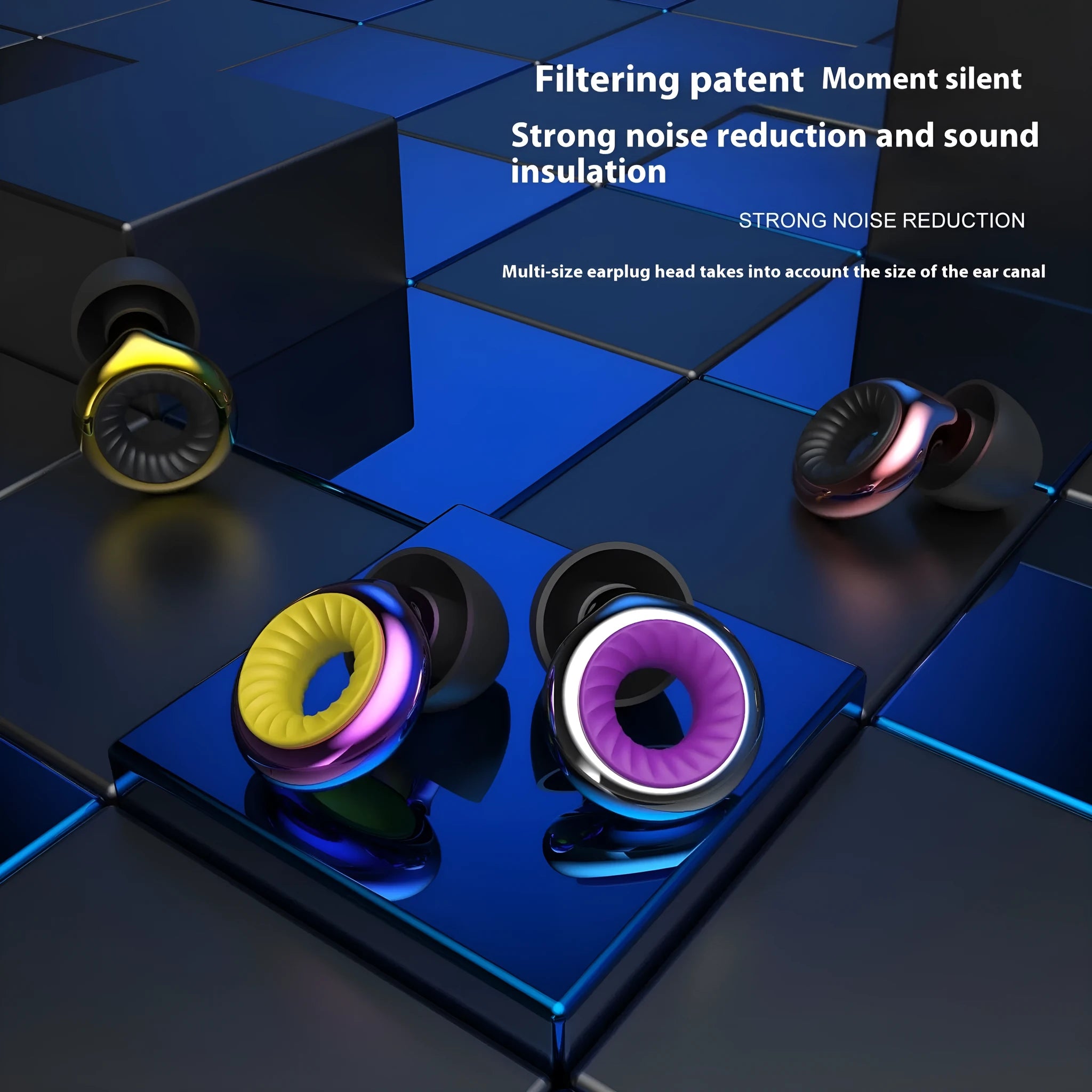 Set of reusable noise reduction sleep earpluds in various colours with a storage box and spare ear caps.