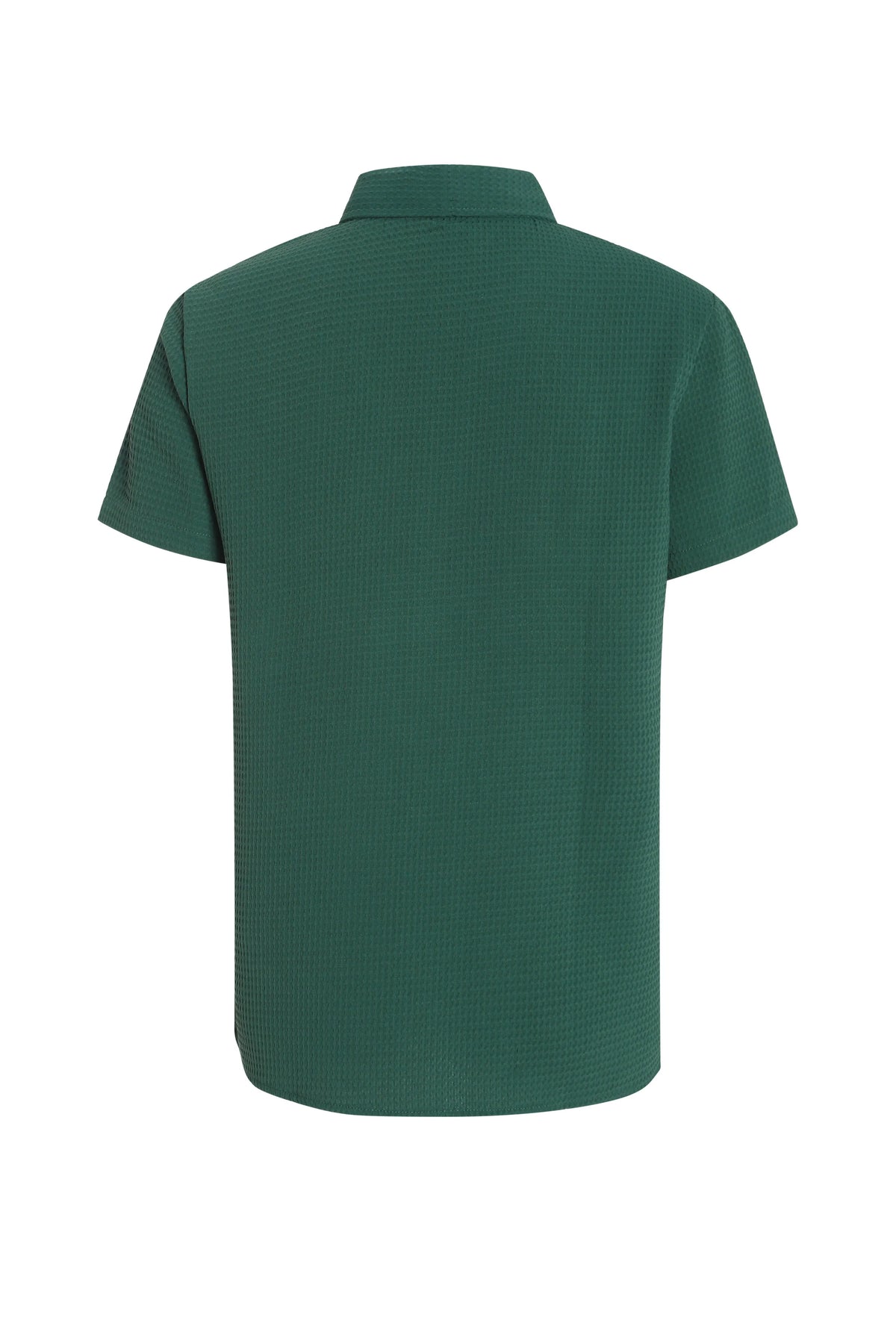 Dark green waffle patterned lapel polo shirt with short sleeves, two round metallic-texture buttons, and slightly arc-shaped hem.
