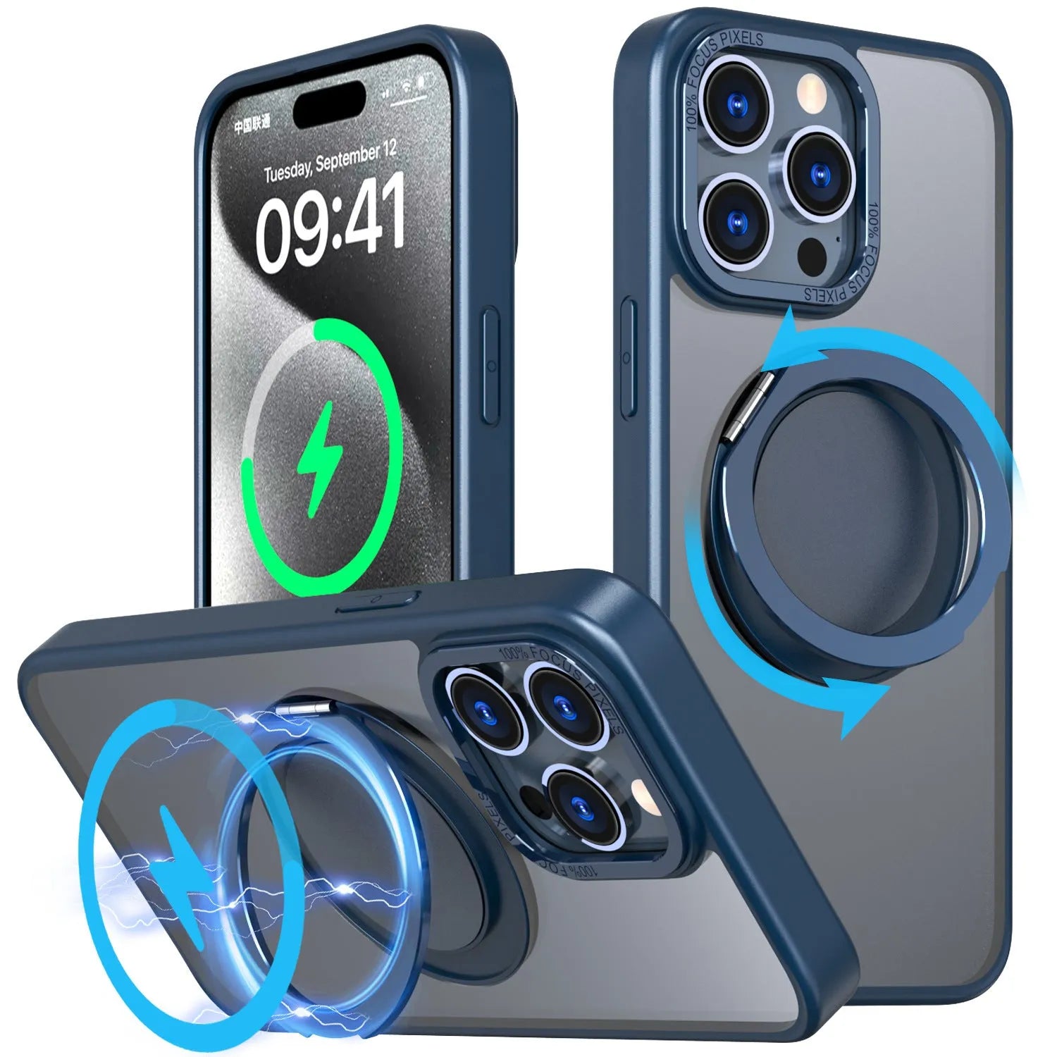 Gear 360 rotating bracket protective phone case in black for iPhone 14 showing bracket extended for hands-free viewing