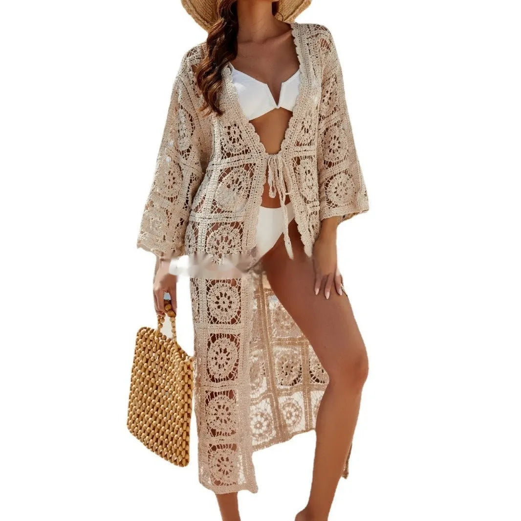 Apricot cotton embroidered beach cover-up shirt with long sleeves