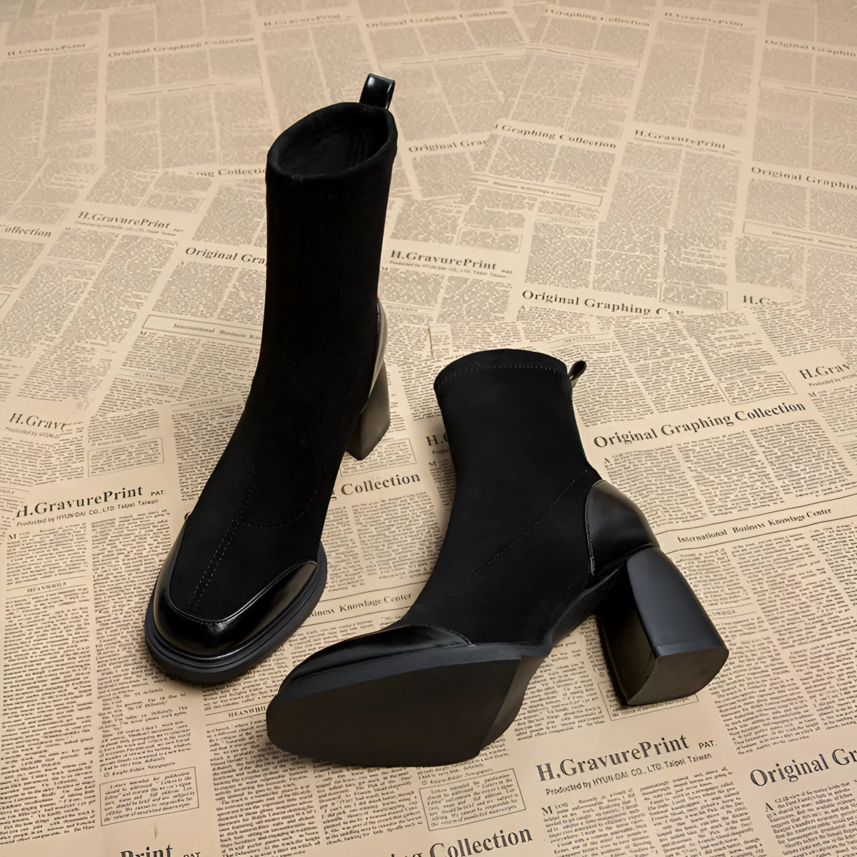 Black cowhide women's short Martin boots with 6-8cm high heel, rubber sole, low tube, single or fleece lining