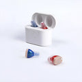 Rechargeable hearing aids with magnetic charging case in beige or red and blue colour options