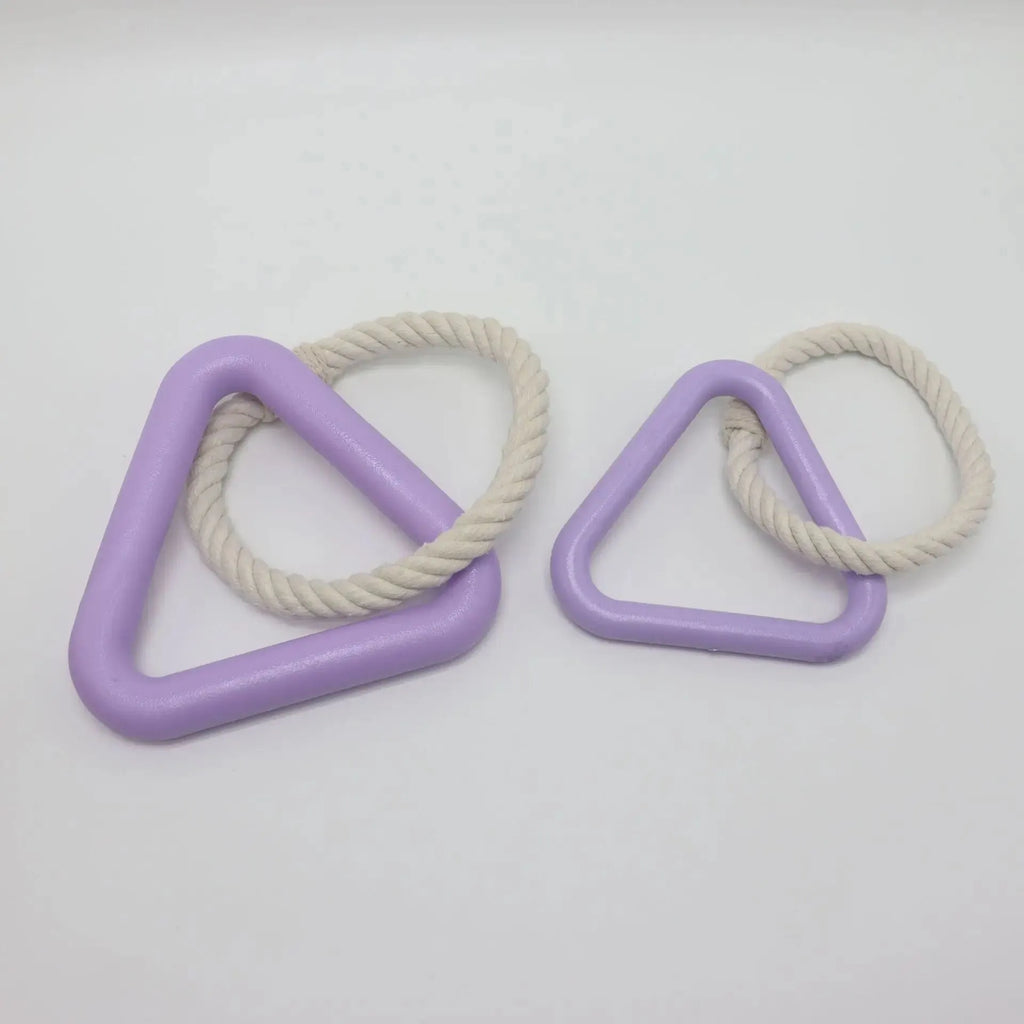 Triangular cotton rope dog pull toy in beige colour on wooden floor