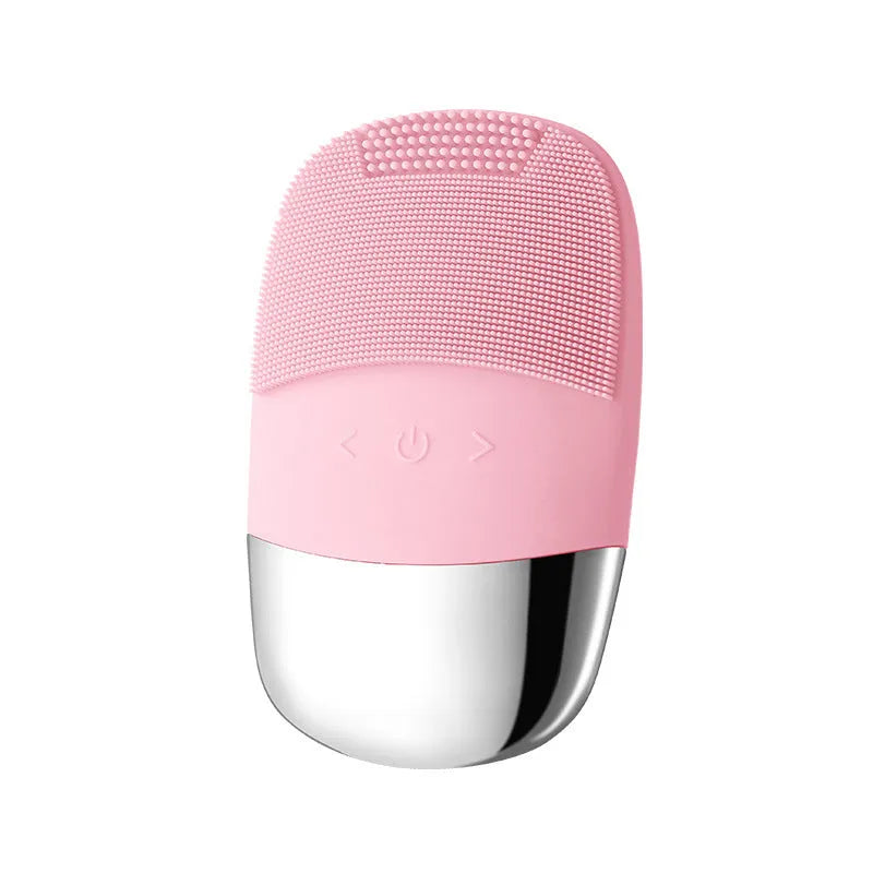 Silicone electric facial cleanser brush with ultrasonic vibration and 3 gears, shown in Lake Blue and Cherry Blossom Powder