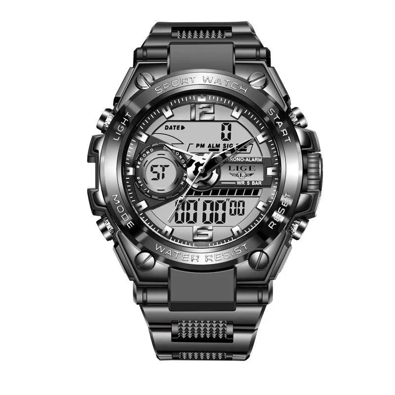 Quartz watch with luminous dial, plastic strap, and analogue digital display in black colour