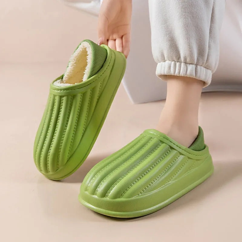 Thickened couple slippers in grey, EVA sole, non-slip, round toe, plush lined winter home shoes