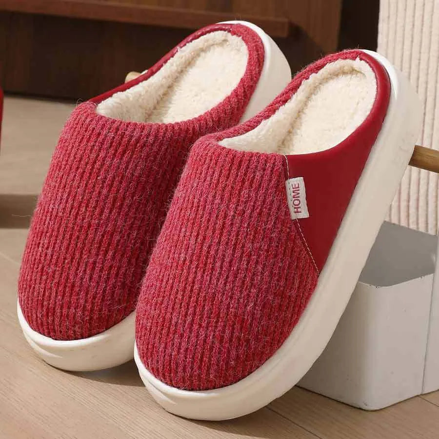 Winter warm plush home slippers with knitted fabric upper and thick TPR sole in multiple colours