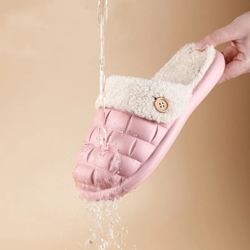 Pink and grey plaid detachable slippers with a soft plush interior and a textured white EVA non-slip sole.