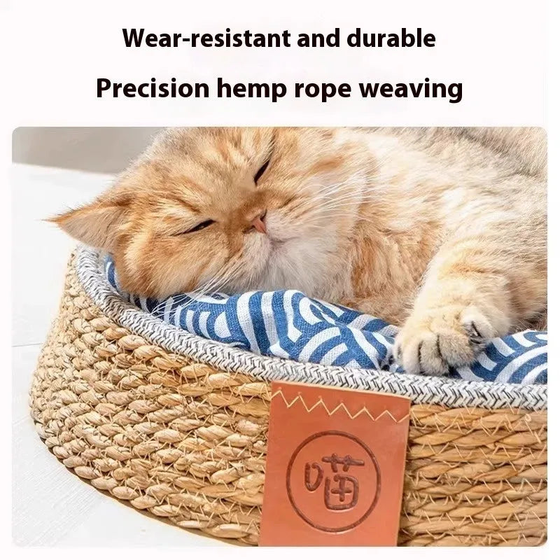 Brown woven rattan cat nest pet bed shown in size L on a floor.