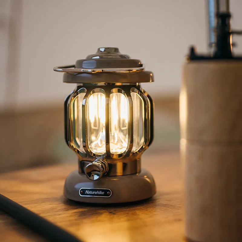 Sundial Yellow portable LED camping lantern with 5000mAh battery, Type-C charging, and dimmable 0-130Lm light output