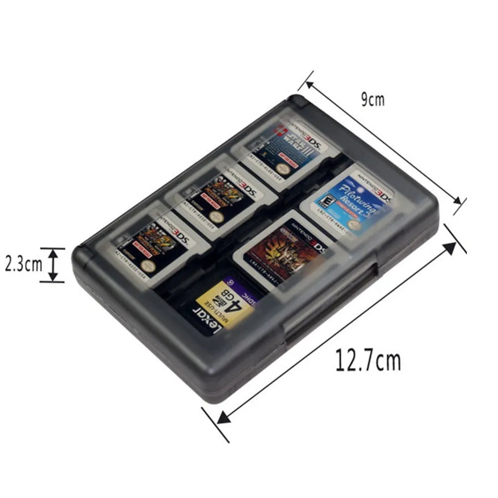 NDS 3DS 24-in-1 game card storage box in choice of colours showing compact size.