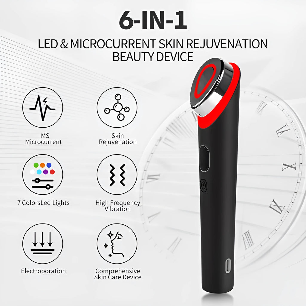 Black 7 colour light vibration eye and face massager on a dark background.