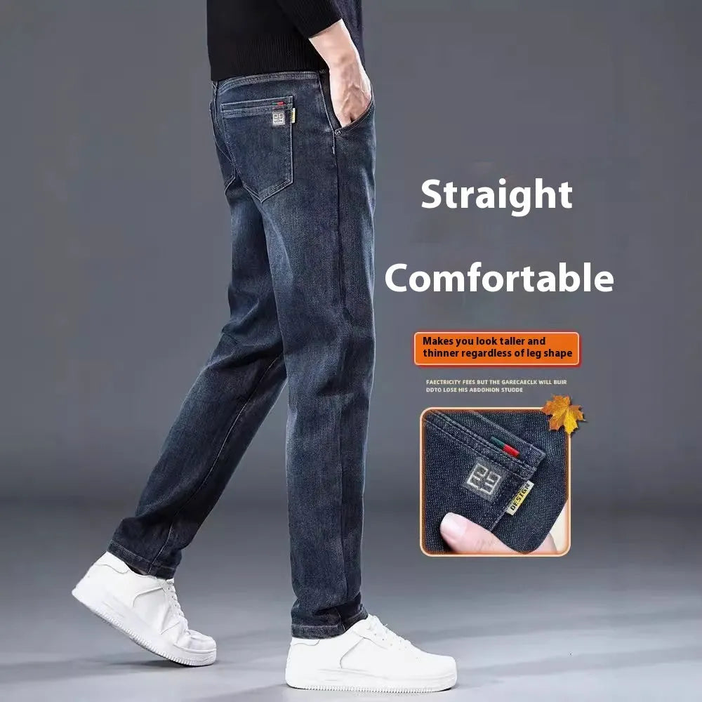 Men's slim straight casual trousers in blue grey colour showing loose fit and pencil-leg style.