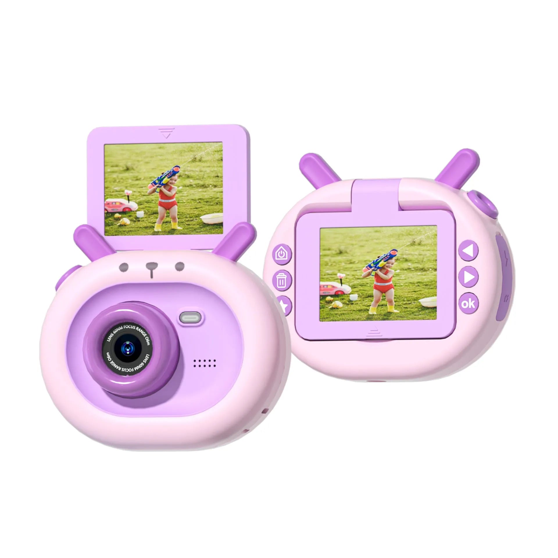 Purple and dark green children's digital camera with flip screen, silicone case, and neck lanyard.