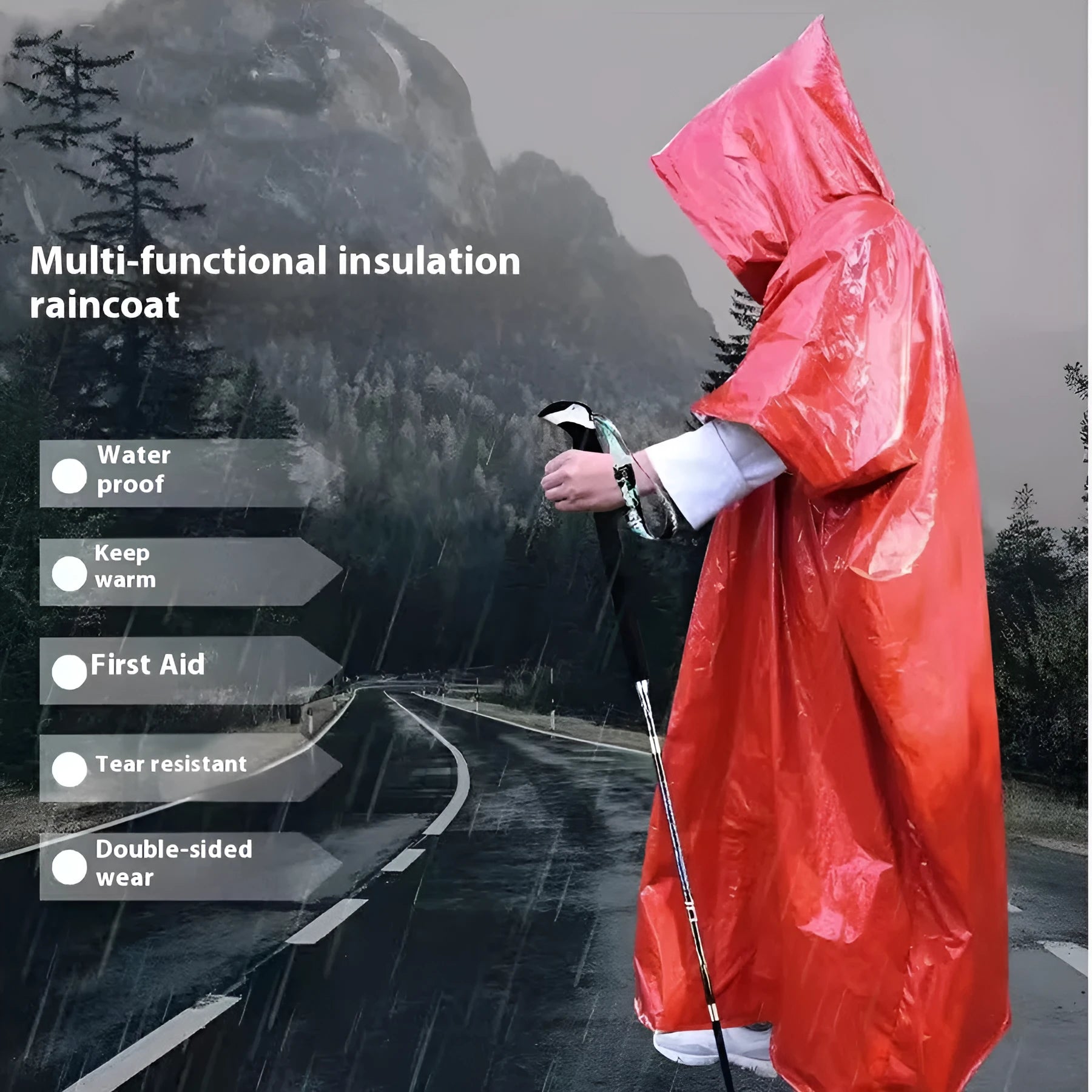 Marathon Wild adult rain poncho laid flat, shown in orange and army green colours, with dimensions 100cm by 130cm.