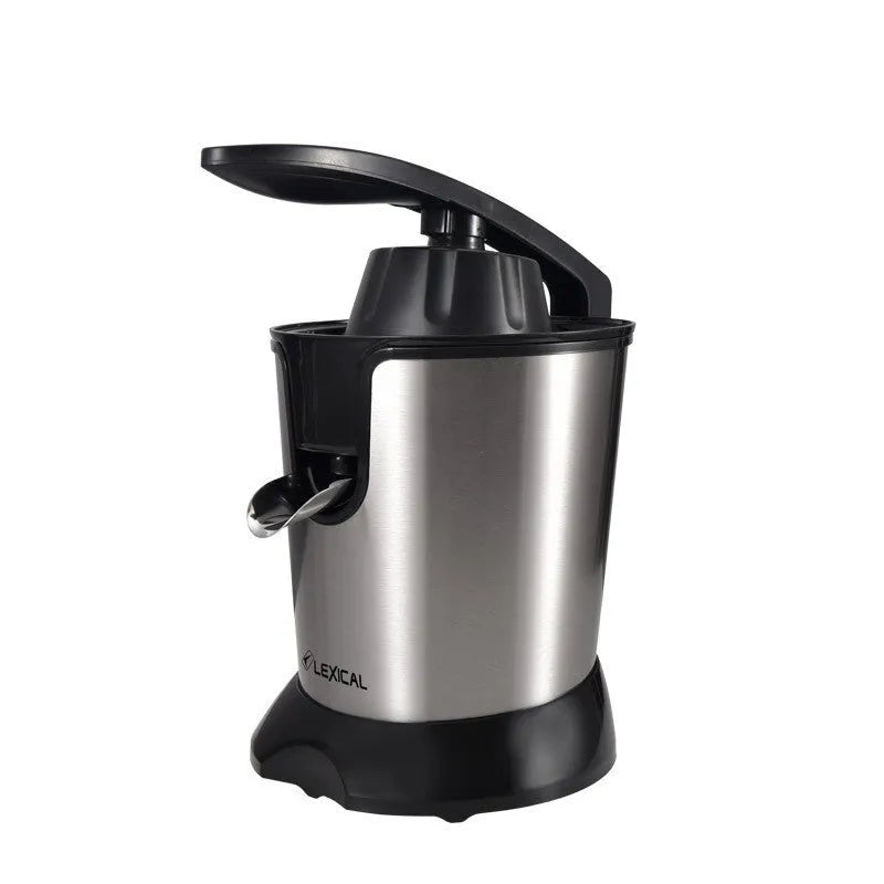 Stainless steel citrus juicer with round feeding port and vertical screw rod mechanism.