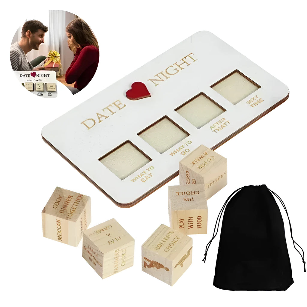 Wooden date night dice set with five decision dice, planner board, and black storage bag for couples