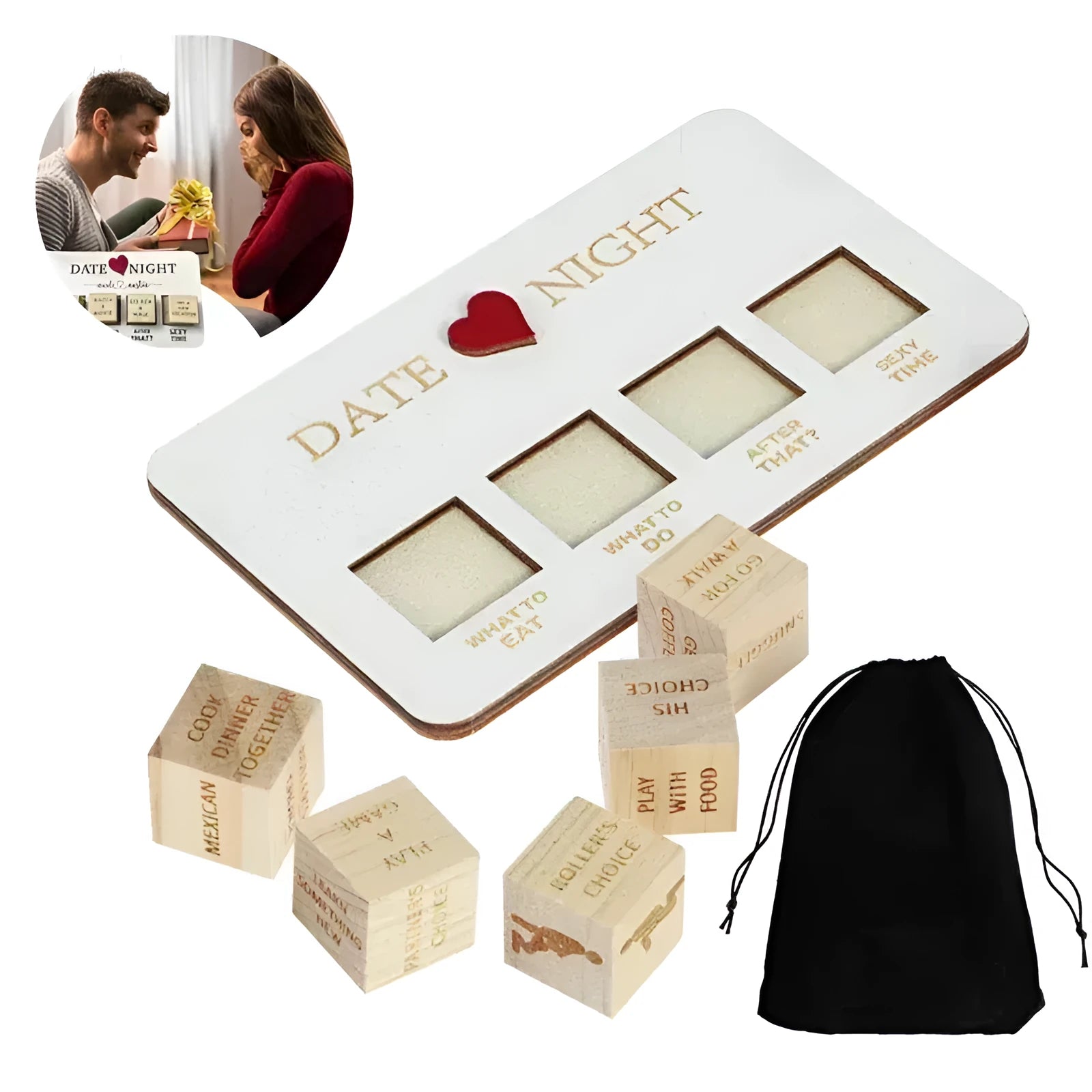 Wooden date night dice set with five decision dice, planner board, and black storage bag for couples