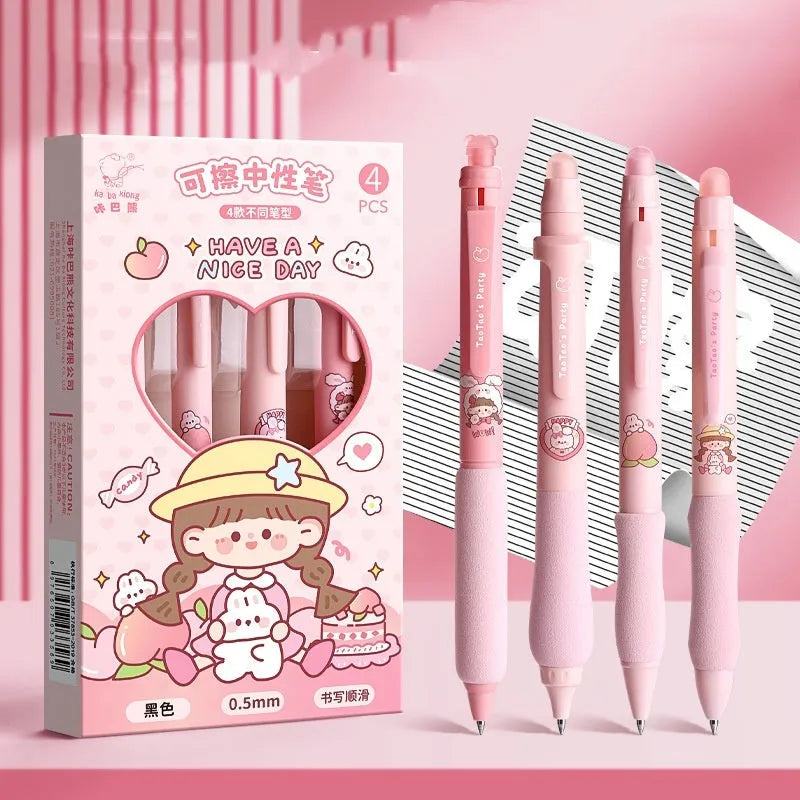 Cartoon-designed plastic gel pen with 0.5mm tip and erasable ink in black or blue.