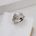 Natural freshwater pearl ring with leaf-shaped metal band and adjustable opening