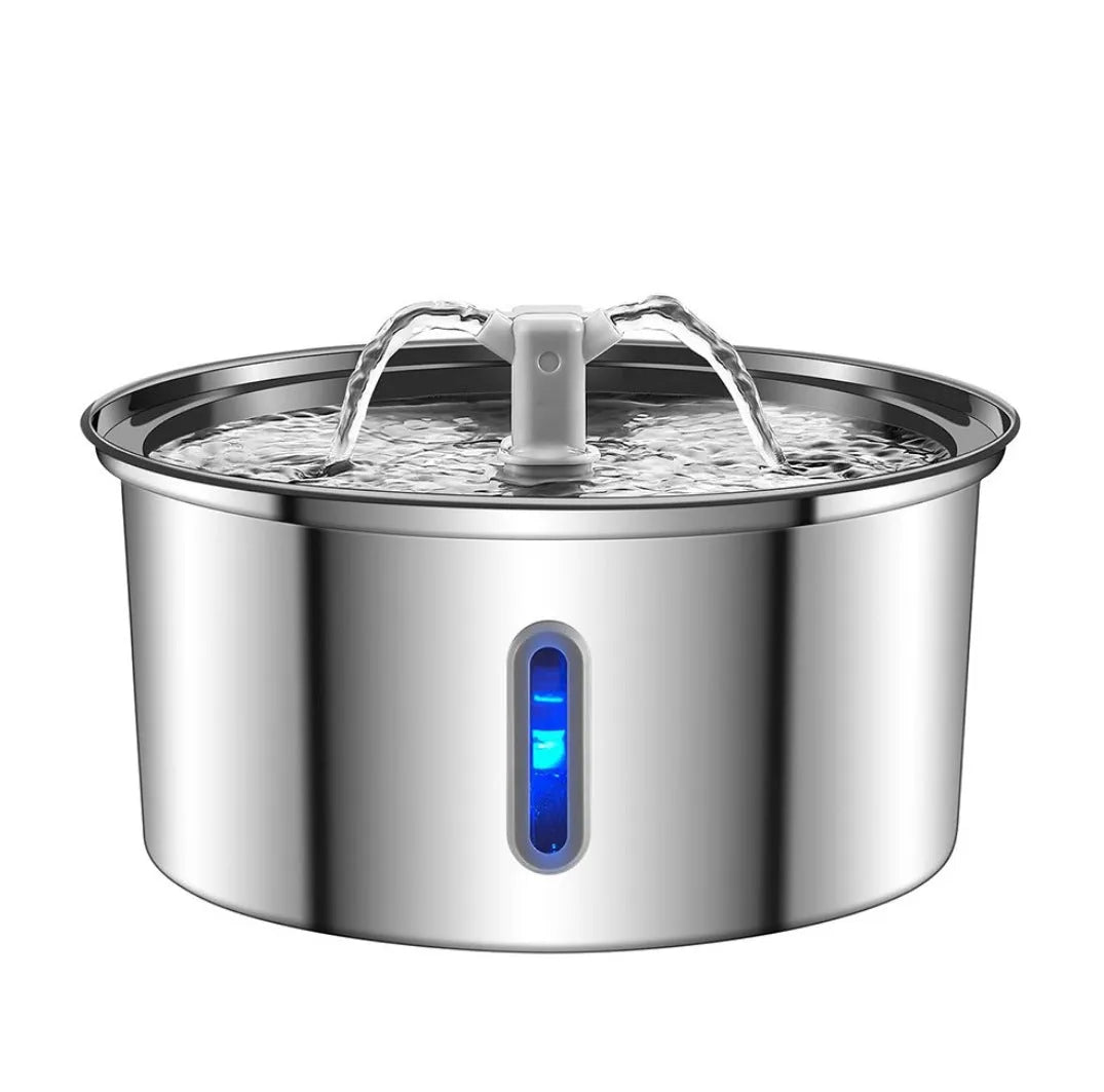 Stainless steel pet water dispenser with round basin and window faucet for dogs and cats.