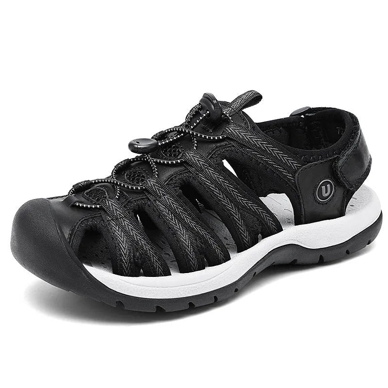 Women's leather mesh sandals with elastic band in black, grey pink, rose red, and black grey.