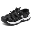 Women's leather mesh sandals with elastic band in black, grey pink, rose red, and black grey.