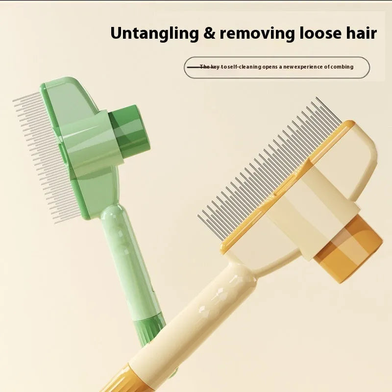 Yellow and green self-cleaning pet comb for cats and dogs with stainless steel teeth and a release button.