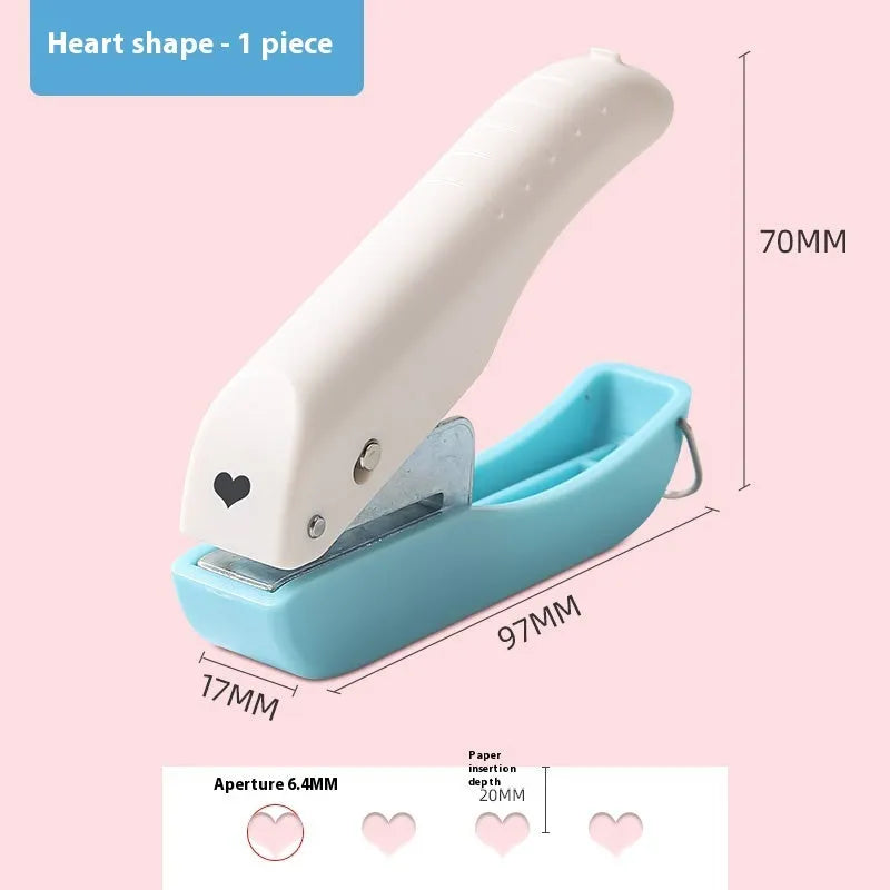 Small manual craft punching machine with interchangeable Love, Star, 4mm and 6mm round punch heads.