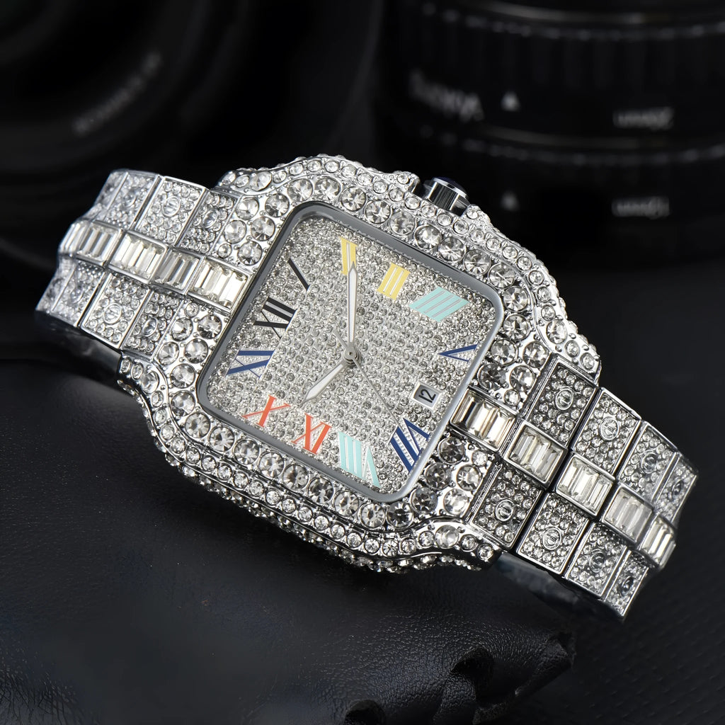 Men's square full diamond sport watch with 10mm thickness and multiple colour options