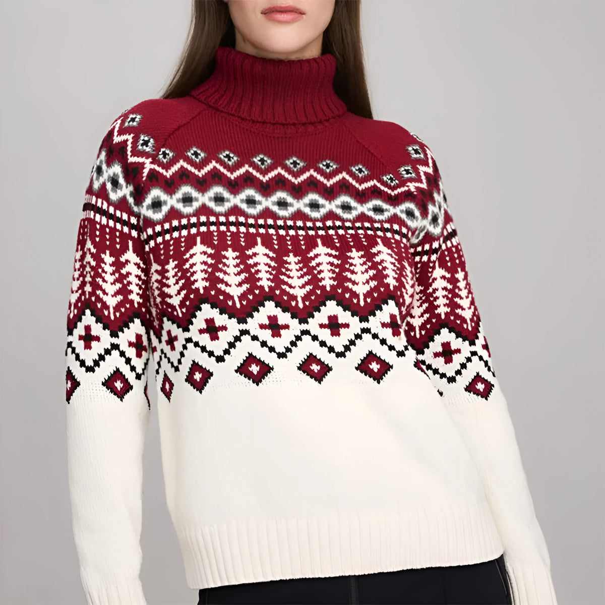 Women's jacquard turtleneck sweater, long sleeve polyester pullover in blue, red, green or grey.
