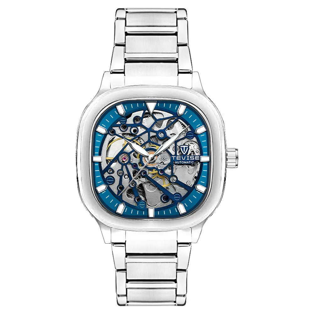 Automatic men's watch with luminous square dial on a stainless steel strap, shown in blue colour.