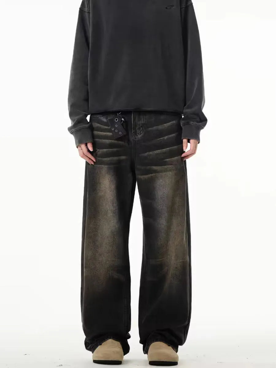 Men's retro straight-leg jeans in Black Gray, low waist, high elasticity denim, available in sizes S-3XL