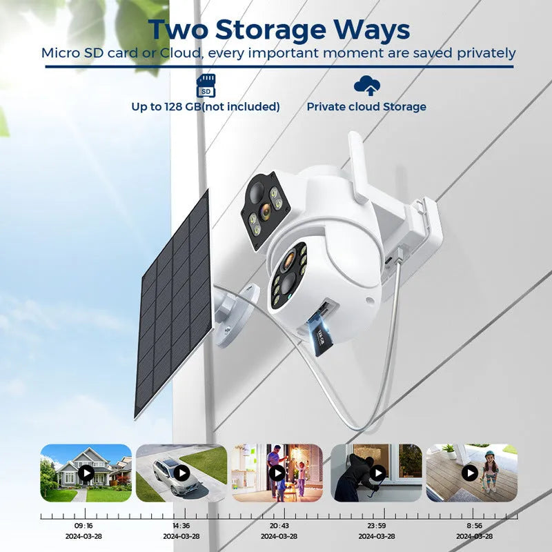 Outdoor solar-powered wireless Wi-Fi surveillance camera with solar panel on a wall.