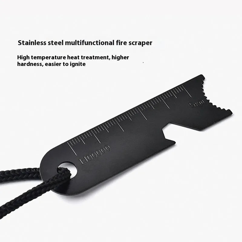 Black outdoor multifunctional survival flint with magnesium rod and stainless steel tools including whistle and bottle opener.