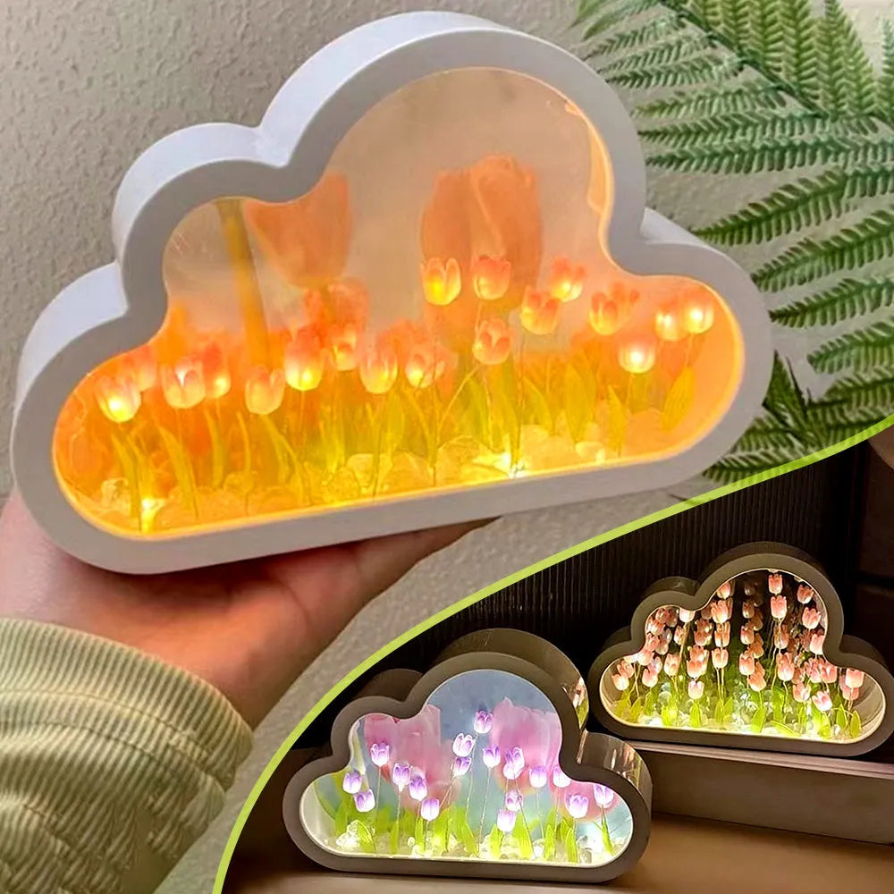 Pink DIY tulip night lamp with LED light and decorative mirror on a wooden desk.