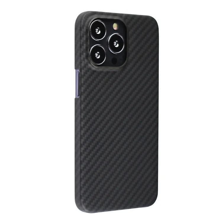 Dull black Kevlar fibre iPhone case with stripe detail and Magsafe magnet on a table.