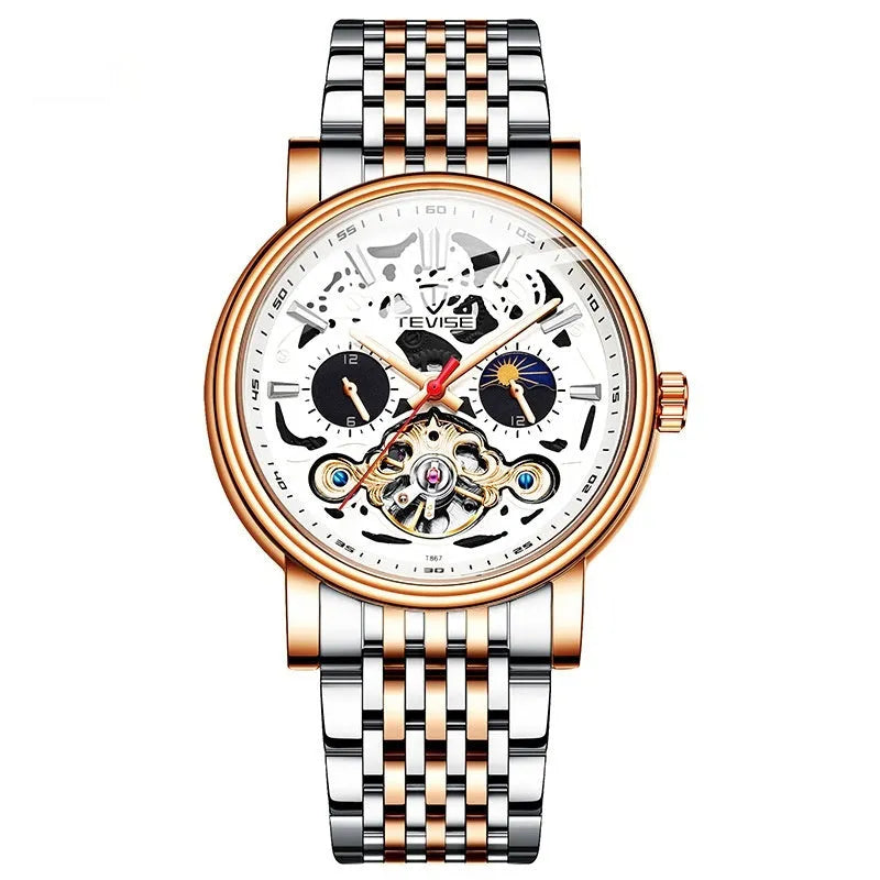 Men's black dial tourbillon mechanical watch with luminous hands on a leather strap.