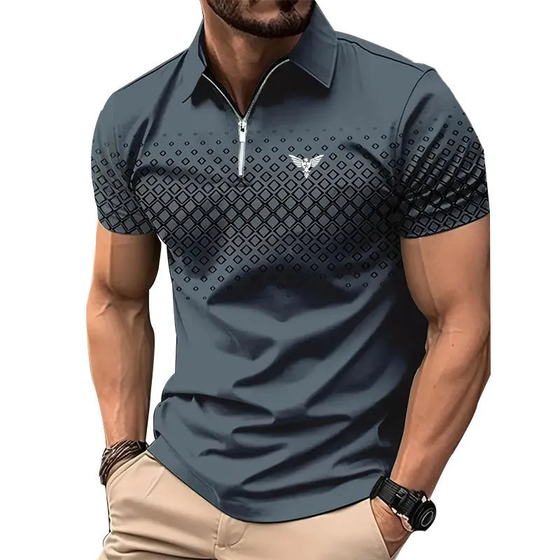 Men's striped rabbit fur sports short sleeve top with zipper decorations, loose fit, summer casual wear