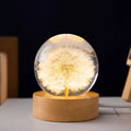 3D dandelion crystal ball night light on a beech wood stand with USB cable