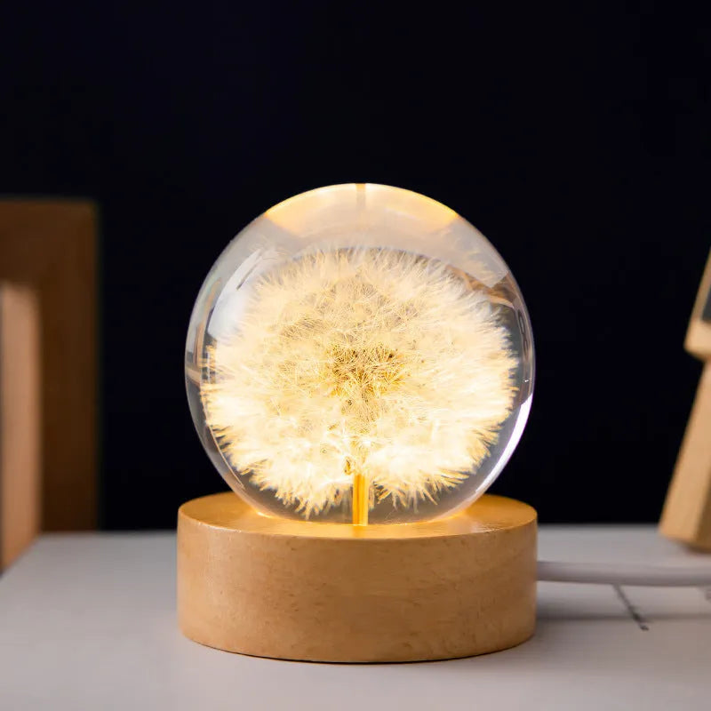 3D dandelion crystal ball night light on a beech wood stand with USB cable