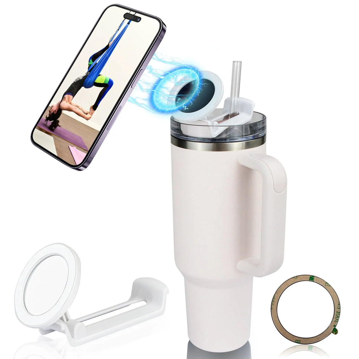 Water cup mobile phone holder in pink, black, or white with magnetic plastic universal bracket design