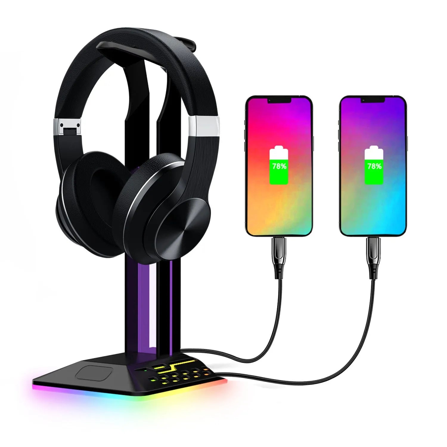 RGB colour changing headset bracket with USB ports displaying headphones